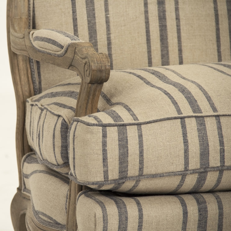 English Khaki Linen and Blue Stripe Handcrafted Armchair