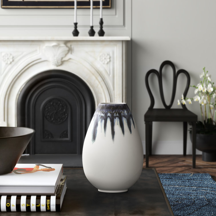Elegant Porcelain Table Vase with Hand-Painted Blue and Yellow Drip