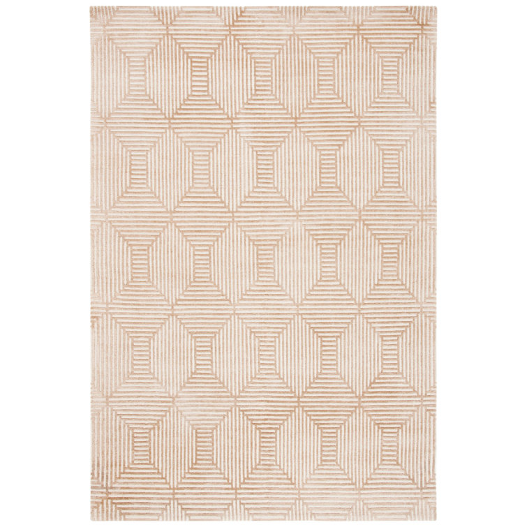 Nepalese Camel Geometric Hand-Knotted Wool and Silk Area Rug, 6' x 9'