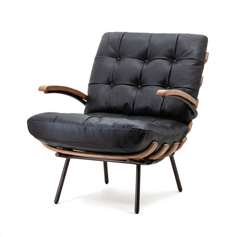 Cognac Black Faux Leather Tufted Armchair with Metal Legs