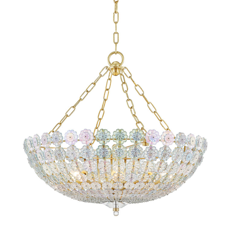 Aged Brass and Crystal 8-Light Floral Chandelier