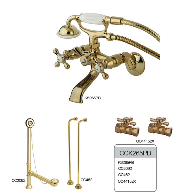 Polished Brass Vintage Wall Mount Clawfoot Tub Faucet Package