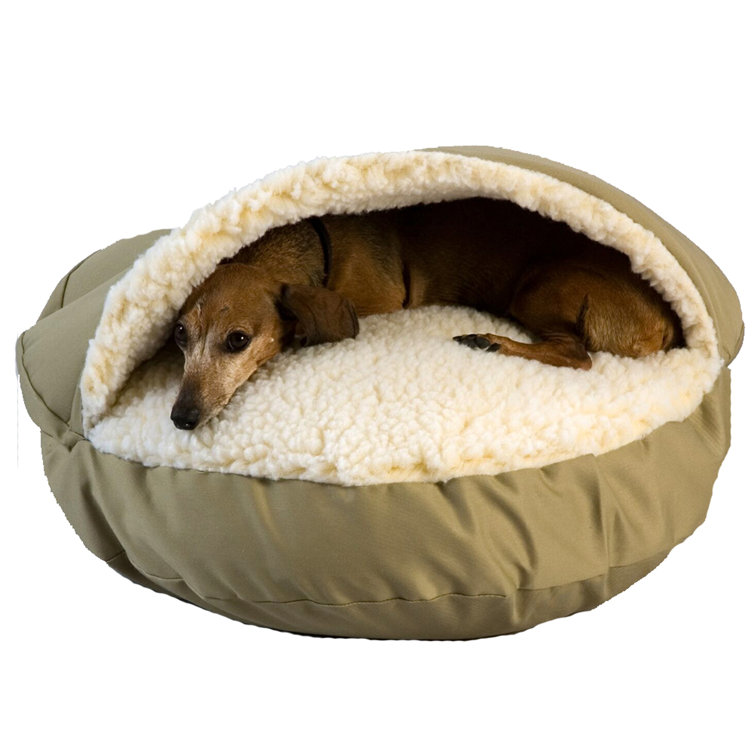 Small Khaki Poly-Cotton Hooded Dog Bed with Faux Lambs Wool Interior
