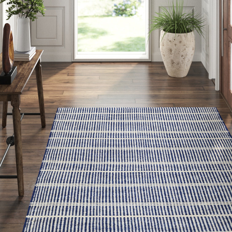 Navy and White Striped Synthetic Flat Woven Rug, 2' x 3'