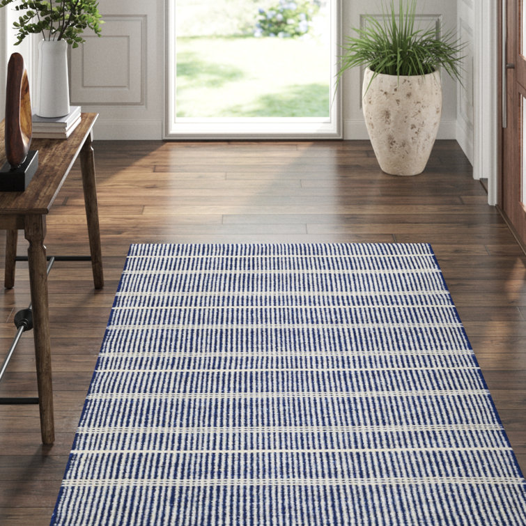 Navy and White Striped Synthetic Flat Woven Rug, 2' x 3'