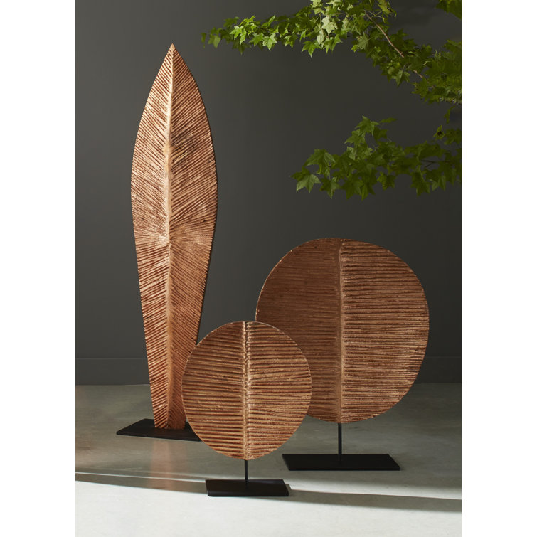 Large Brown Chamcha Wood Leaf Sculpture on Metal Stand