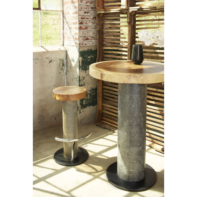 Modern Chamcha Wood & Concrete Round Bar Table in Gray/Brown