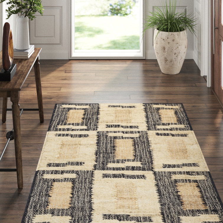 Handmade Black and Beige Geometric Wool and Viscose Area Rug
