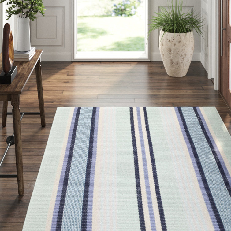 Blue and Green Stripe Handwoven Cotton Rug, 2' x 3'