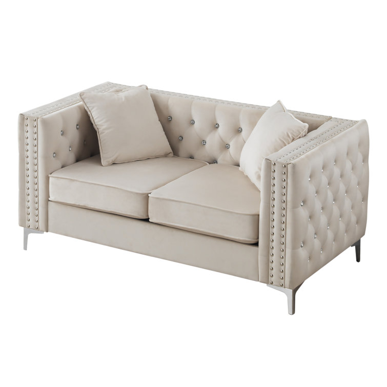 Ivory Velvet Tufted Loveseat with Nailhead Trim and Chrome Legs