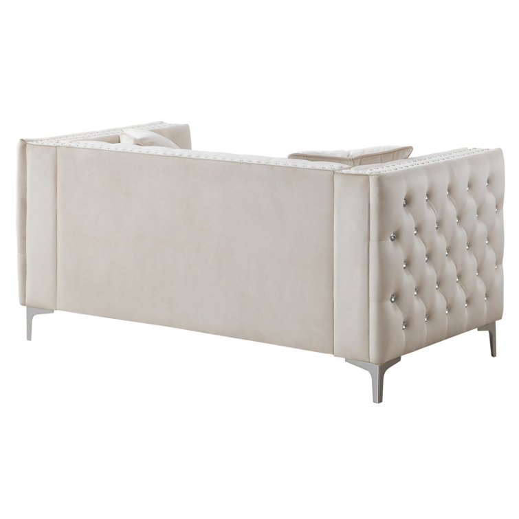 Ivory Velvet Tufted Loveseat with Nailhead Trim and Chrome Legs