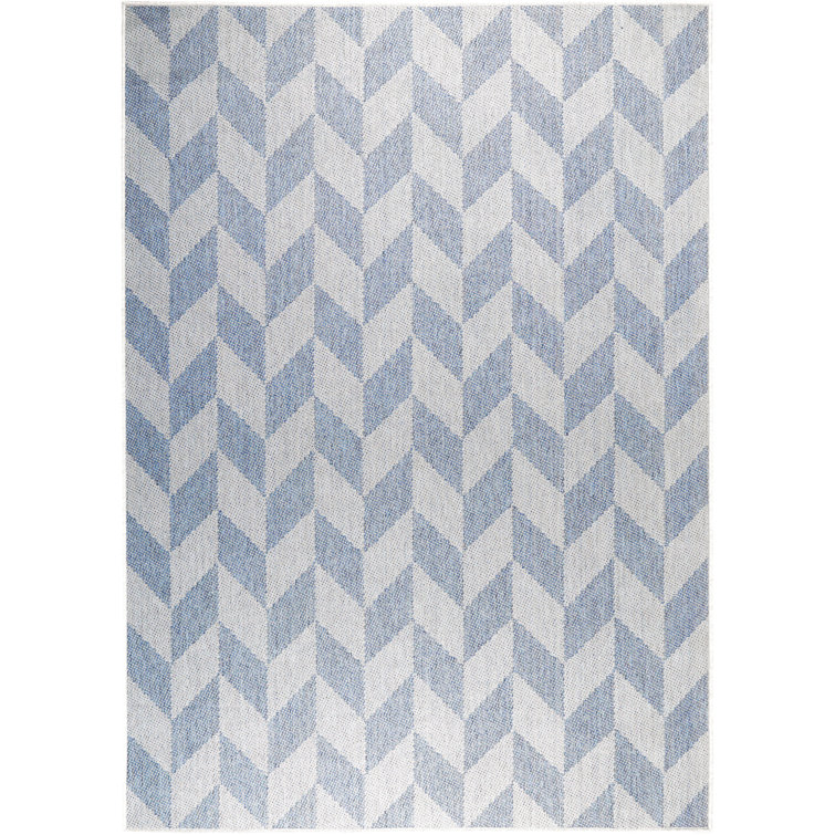 Blue and Grey Herringbone Indoor/Outdoor Rectangular Rug 6' x 9'