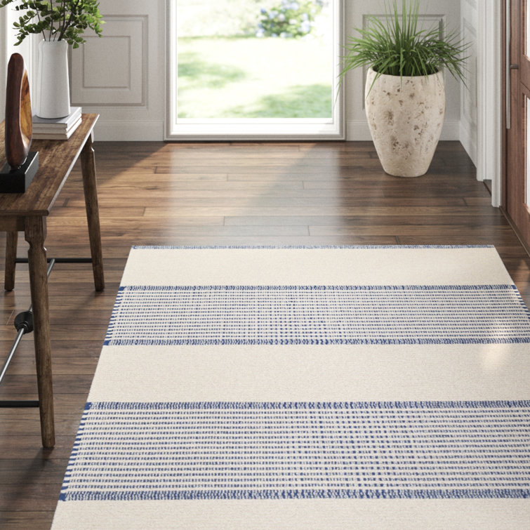Ivory and Navy Handwoven Cotton Stripe Rug, 10' x 14'