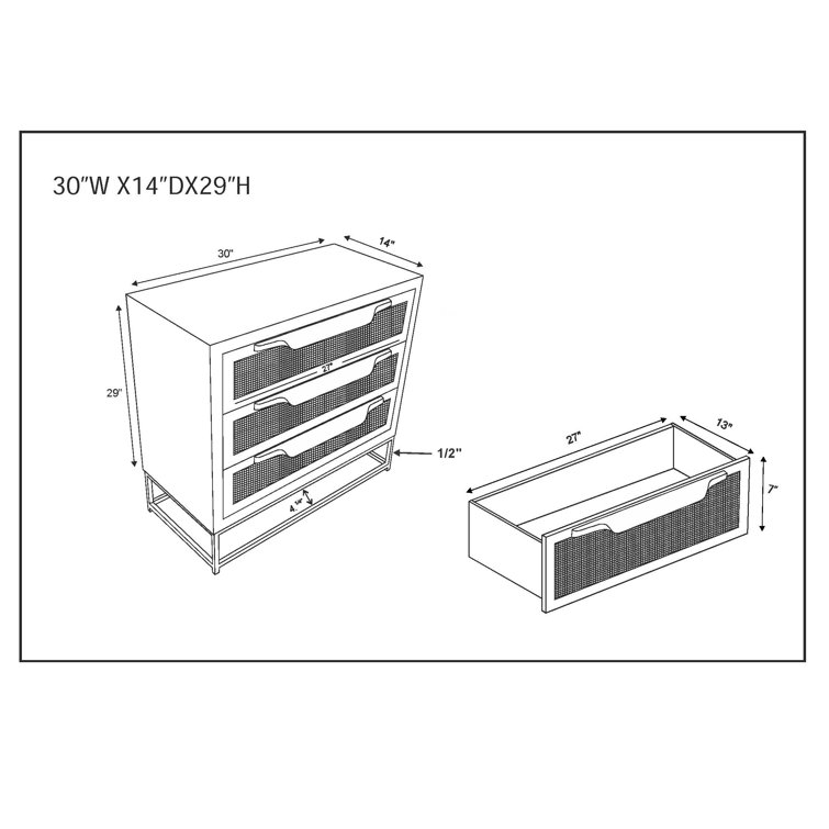Janie 3-Drawer Natural Rattan and Gold Metal Cabinet