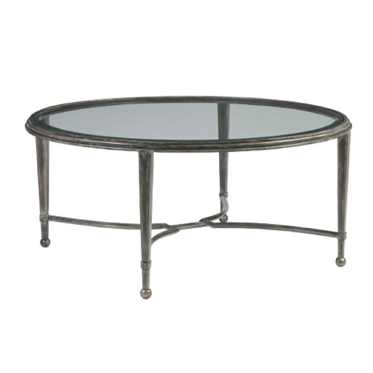 Gray Round Metal Cocktail Table with Beveled Glass Top