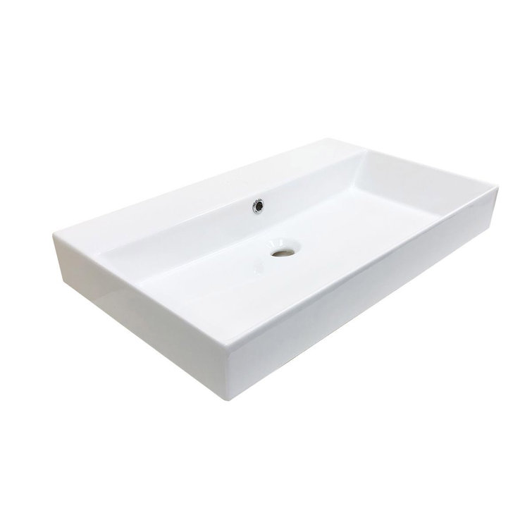 Glossy White Ceramic Rectangular Wall-Mount Bathroom Sink