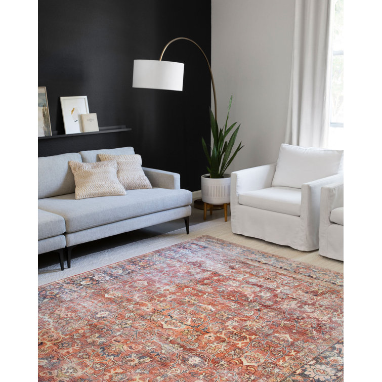 Terracotta and Blue Geometric Synthetic 9' x 12' Area Rug