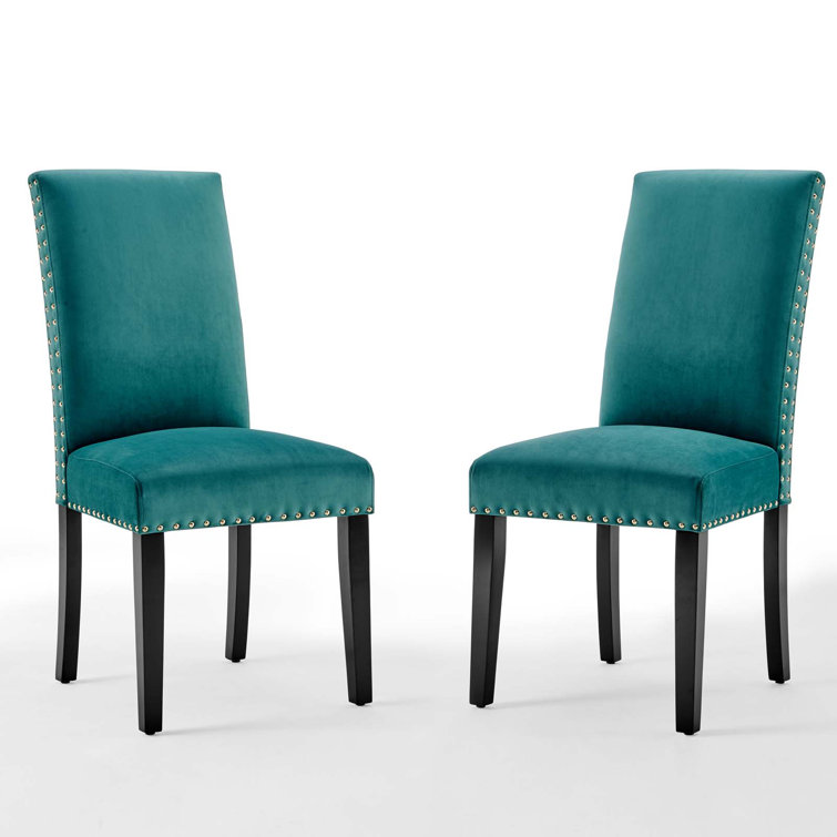 Teal Velvet Upholstered Parsons Side Chair with Wood Legs