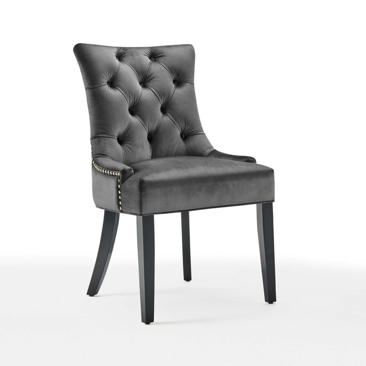 Charcoal Velvet Upholstered Tufted Side Chair with Wood Legs