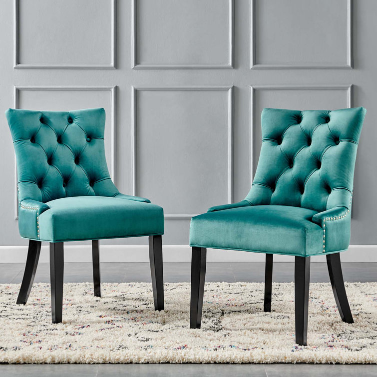 Teal Velvet Upholstered Parsons Side Chair with Wood Legs