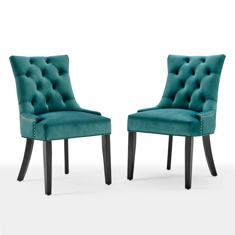 Teal Velvet Upholstered Parsons Side Chair with Wood Legs