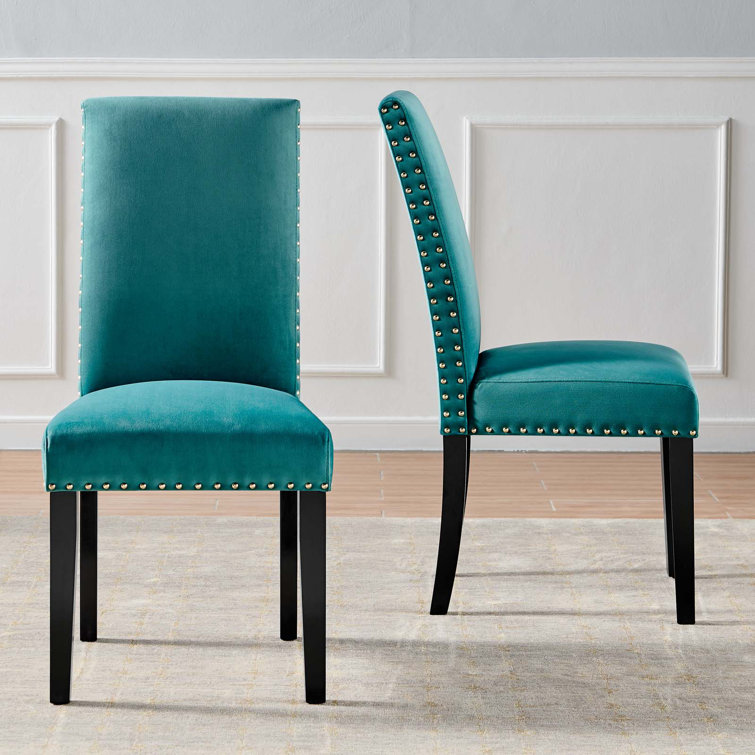 Teal Velvet Upholstered Parsons Side Chair with Wood Legs