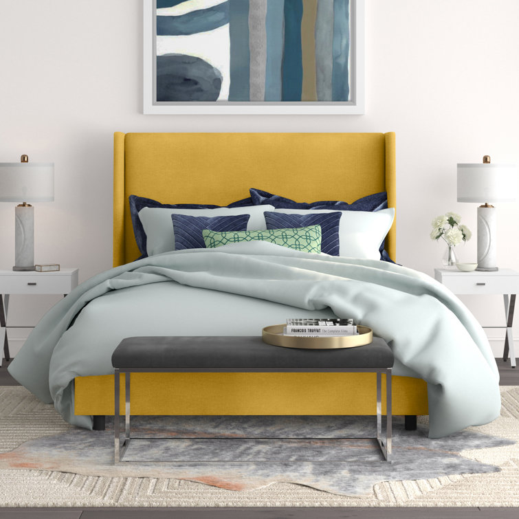 Beige Queen Upholstered Wingback Bed with Wood Frame