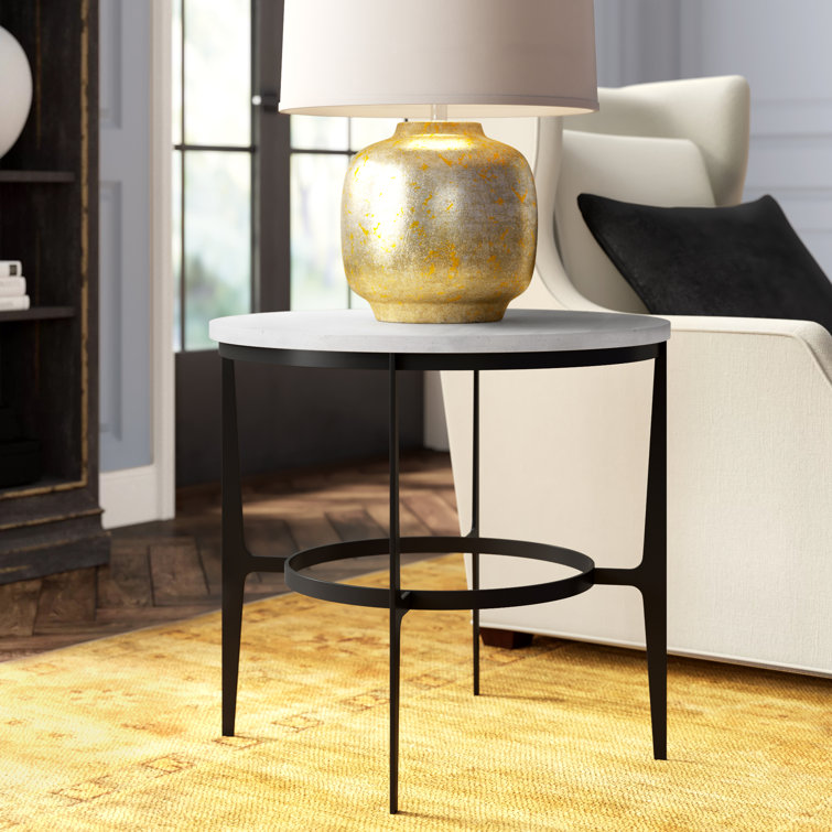 Transitional Round Black & White Stone Metal Occasional Table