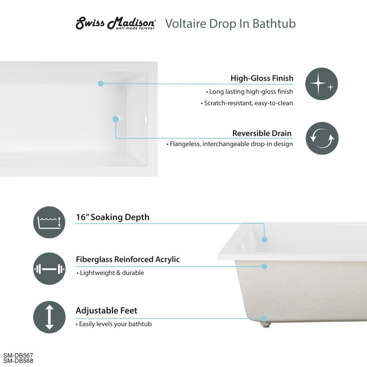Voltaire 36" White Acrylic Drop-In Bathtub