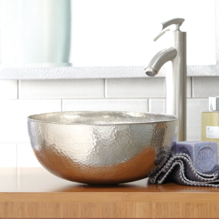 Brushed Nickel Hand Hammered Round Copper Vessel Sink