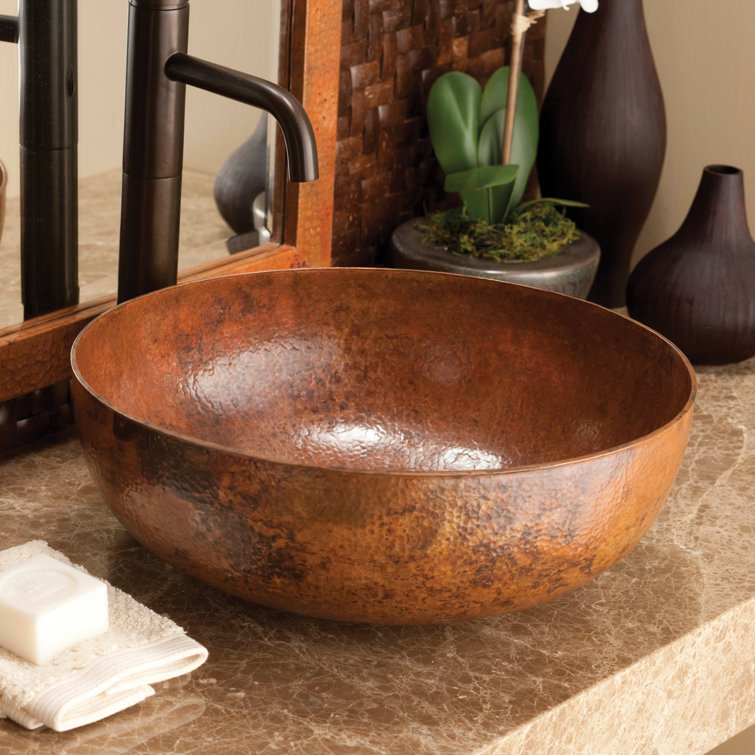 Hand-Hammered Copper Round Vessel Sink, 16-inch