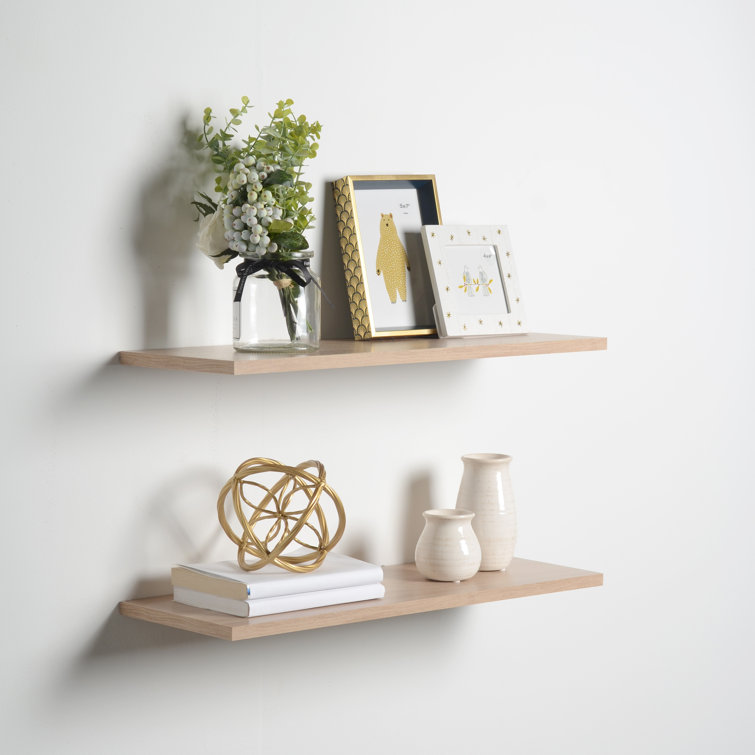 White Ultra Slim Floating Wood Wall Shelves, Set of 2