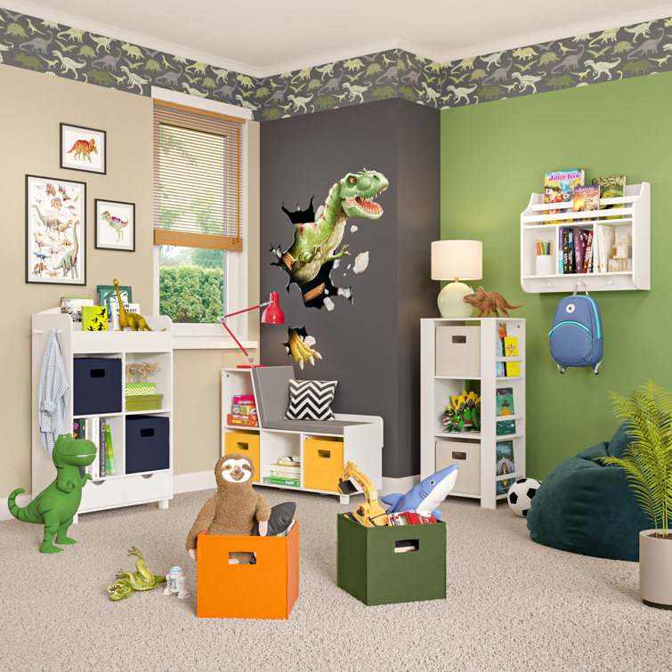 Playtime White Wall-Mounted Shelf with Bookrack and Cubbies for Kids