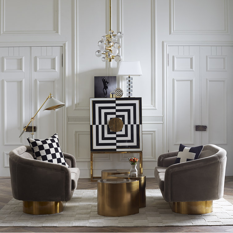 Charcoal and Ivory Glass Paneled Bar Cabinet with Brass Details