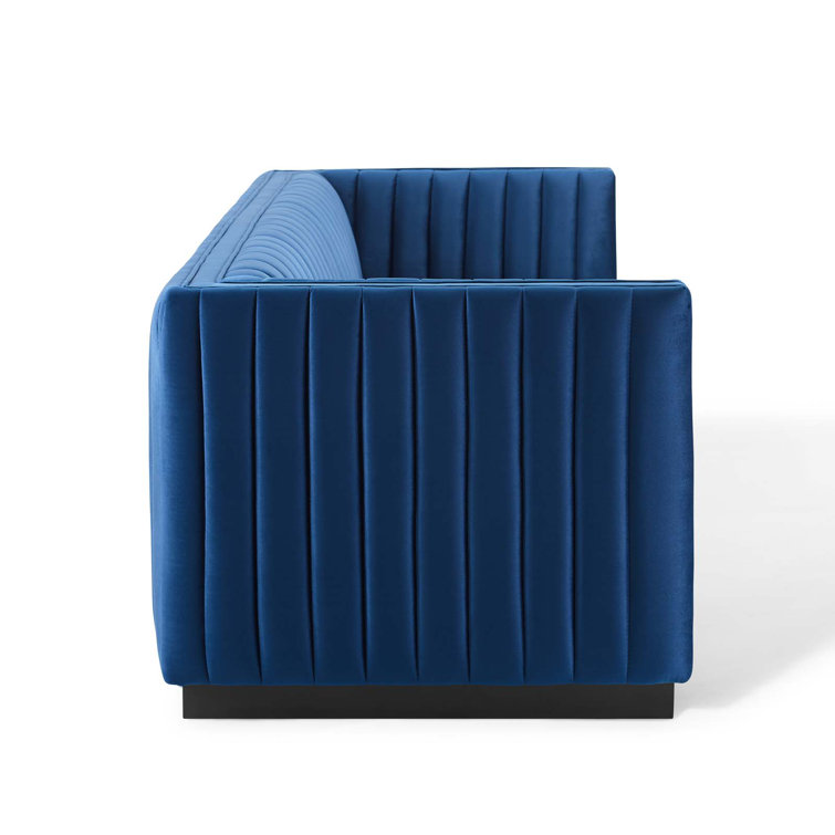 Elegant Navy Velvet Tufted Tuxedo Sofa with Solid Wood Base