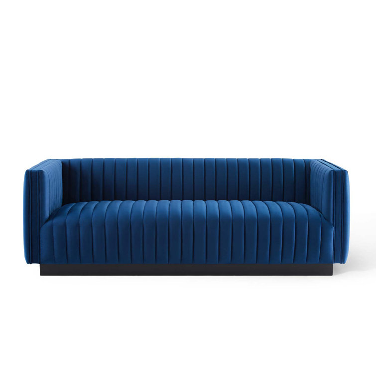 Elegant Navy Velvet Tufted Tuxedo Sofa with Solid Wood Base
