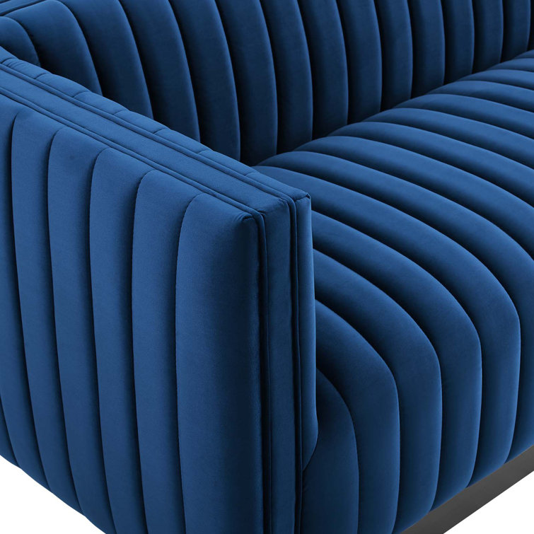 Elegant Navy Velvet Tufted Tuxedo Sofa with Solid Wood Base