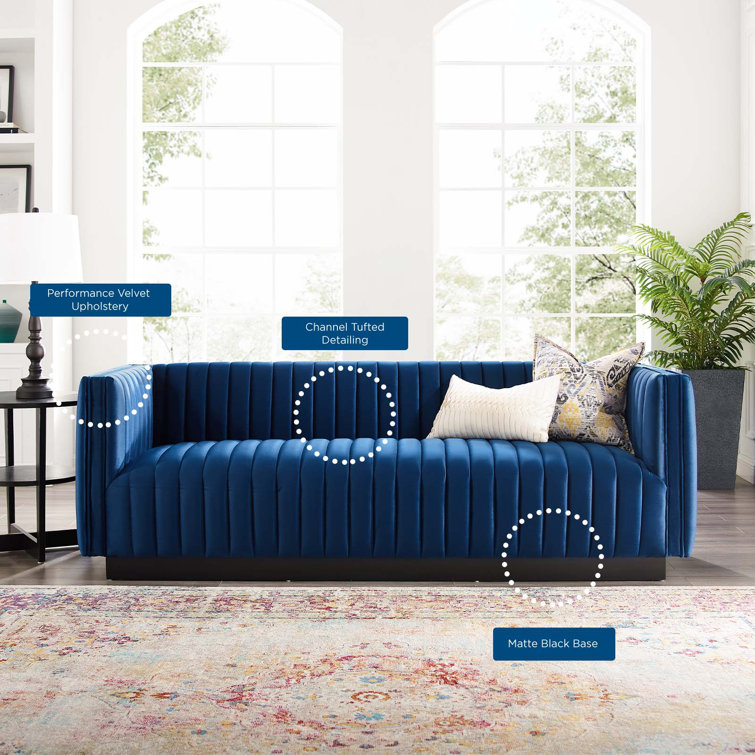 Elegant Navy Velvet Tufted Tuxedo Sofa with Solid Wood Base