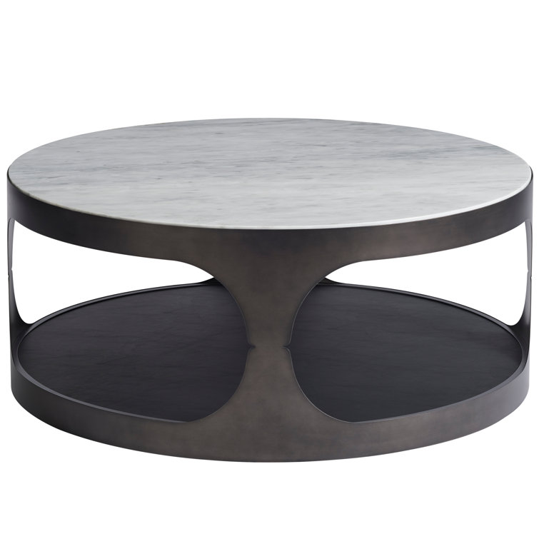 Mid-Century Modern 40" Round Brown & White Coffee Table with Faux Leather Shelf