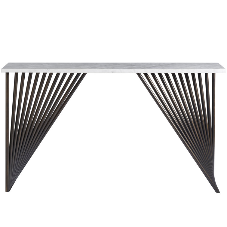 60'' White Stone Top Console Table with Bronze Metal Base