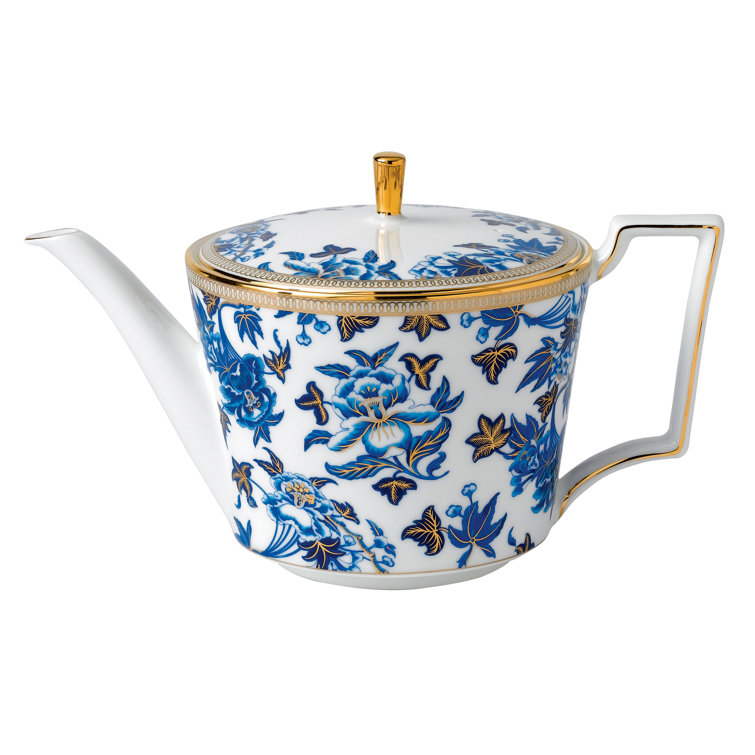 Blue and Gold Floral Bone China Teapot with 22-Carat Gold