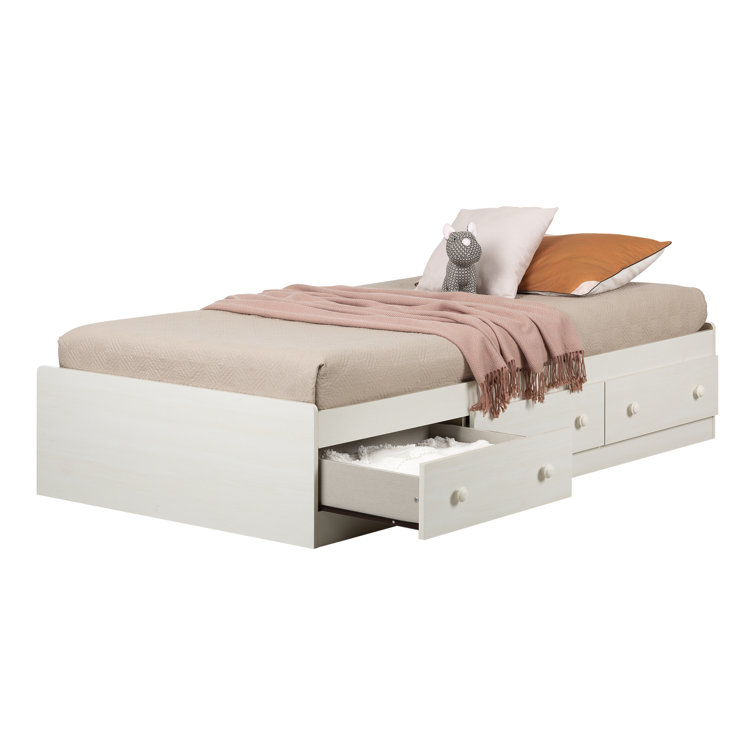 White Wash Full Size Wood Frame Captain's Bed with Storage Drawers