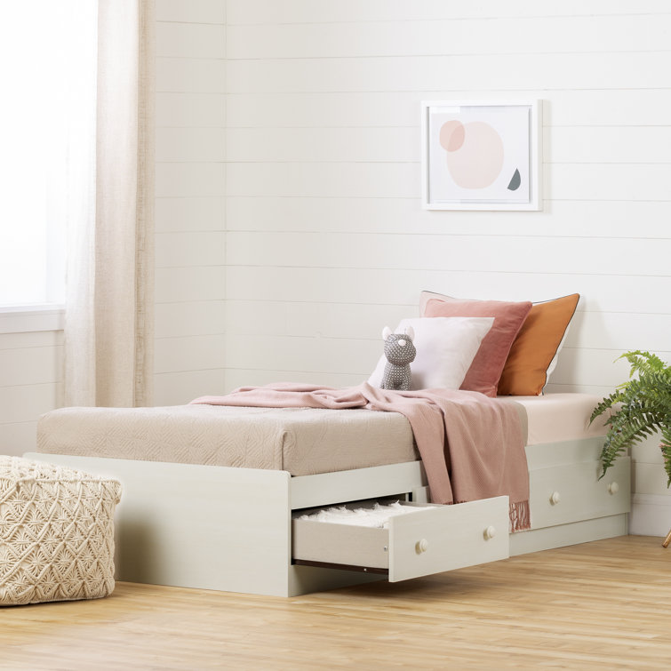 White Wash Full Size Wood Frame Captain's Bed with Storage Drawers