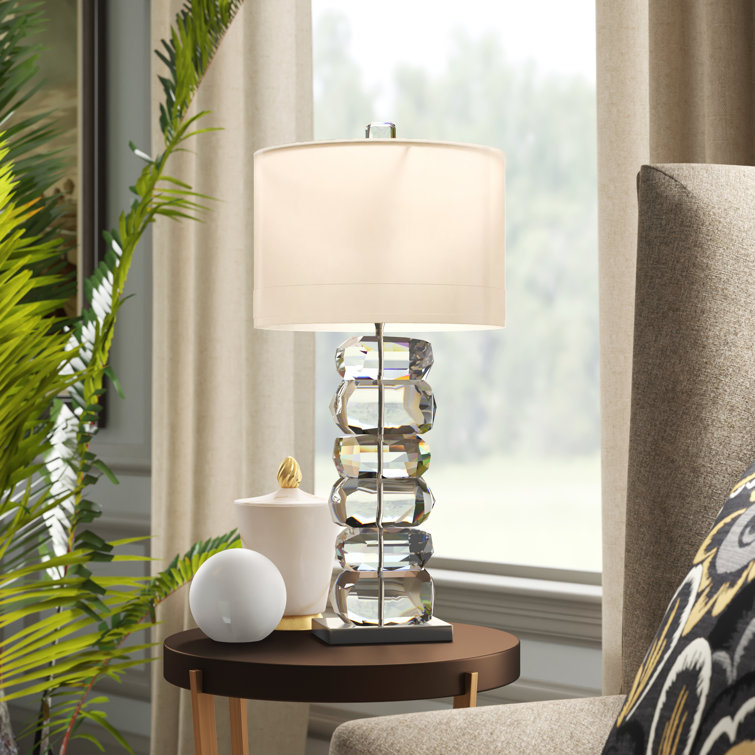 Tall White Crystal Table Lamp with Silk Shade