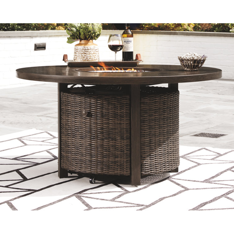 Brown Round Aluminum and Wicker Gas Fire Pit Table