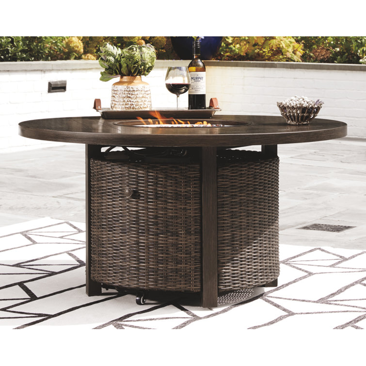 Brown Round Aluminum and Wicker Gas Fire Pit Table
