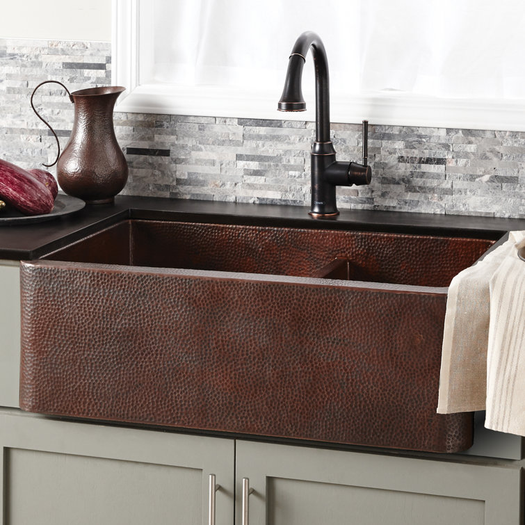 33" Antique Copper Double Basin Farmhouse Kitchen Sink