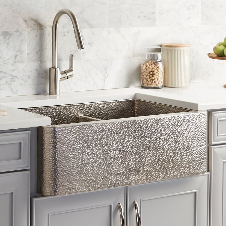 33" Brushed Nickel Hammered Copper Farmhouse Double Basin Sink