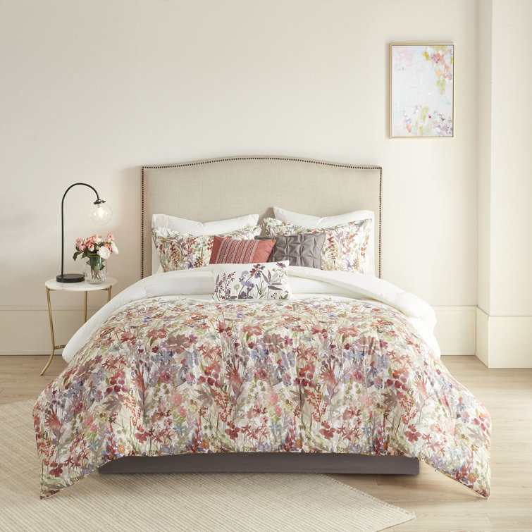 Julia 7 Piece Red Cotton Floral Queen Comforter Set