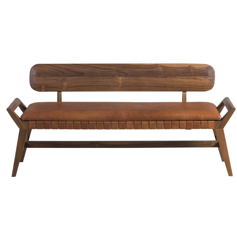 Mid-Century Teak and Genuine Leather 3-Seater Bench